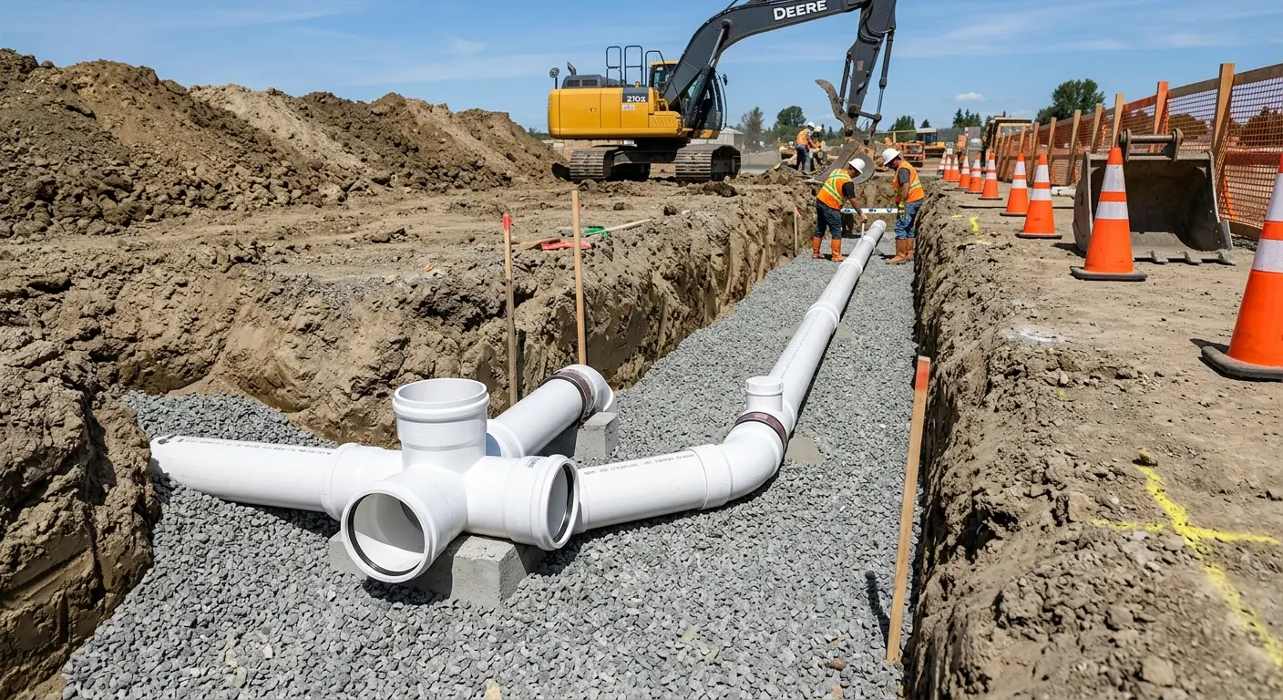 New PVC sewer pipe installation in open trench for Sewer Backup in Northampton