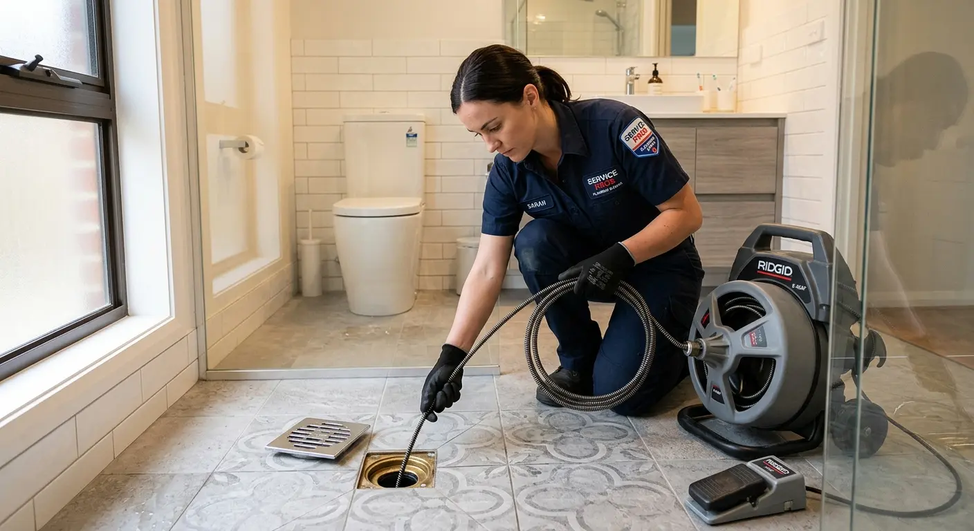 Technician clearing a bathroom floor drain for Drain Repair in Northampton